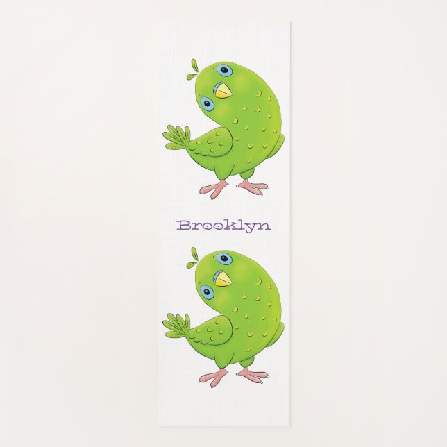 Cute green curious parakeet cartoon illustration yoga mat (Front)