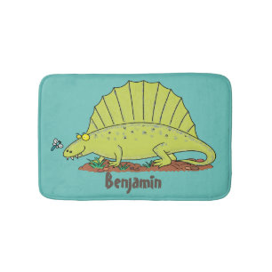 Cute green dimetrodon cartoon illustration bath mat
