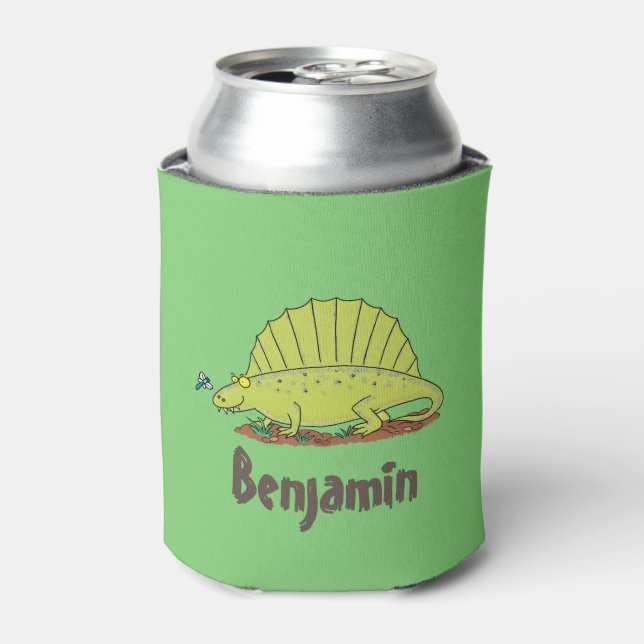 Cute green dimetrodon cartoon illustration can cooler (Can Front)