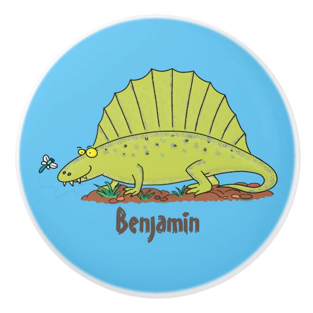 Cute green dimetrodon cartoon illustration ceramic knob (Front)