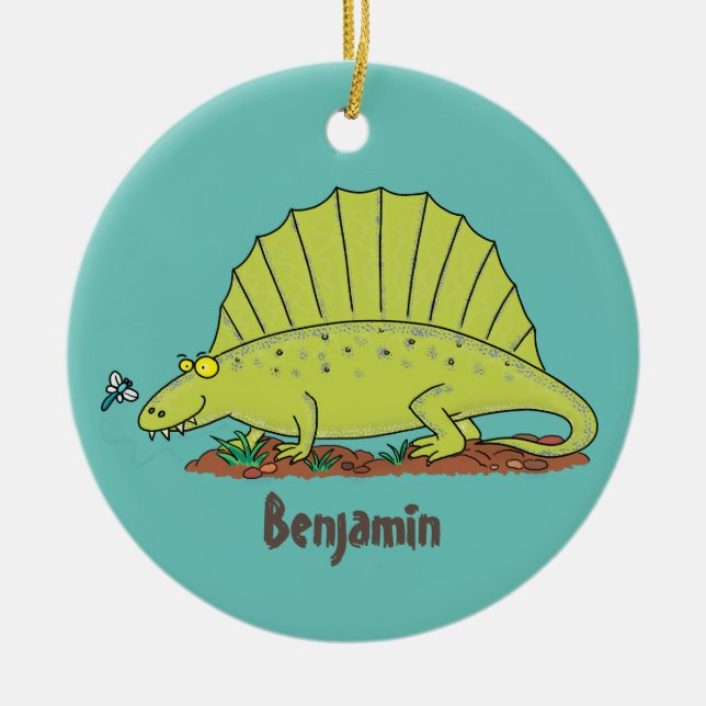Cute green dimetrodon cartoon illustration ceramic tree decoration (Front)