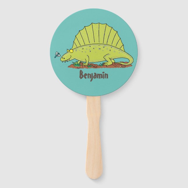 Cute green dimetrodon cartoon illustration hand fan (Front)