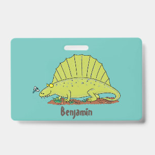 Cute green dimetrodon cartoon illustration ID badge
