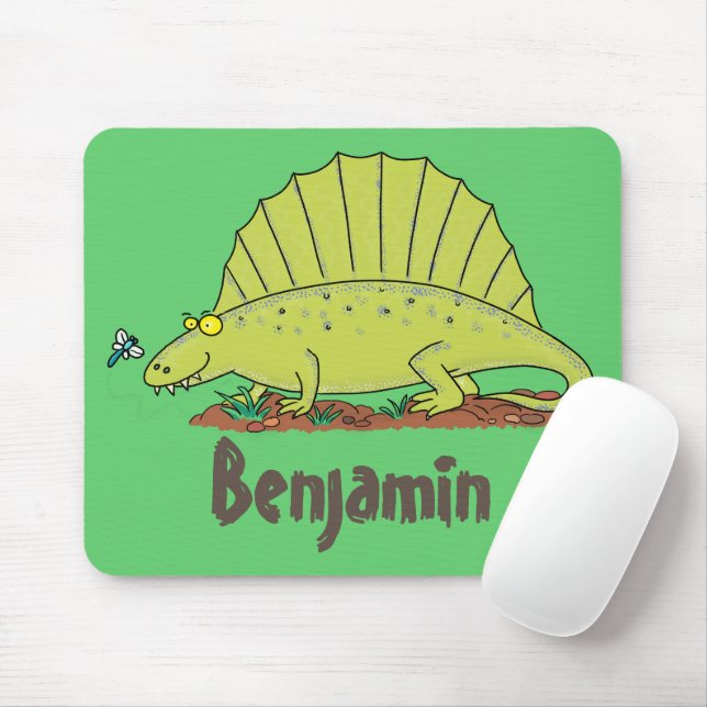 Cute green dimetrodon cartoon illustration mouse mat (With Mouse)