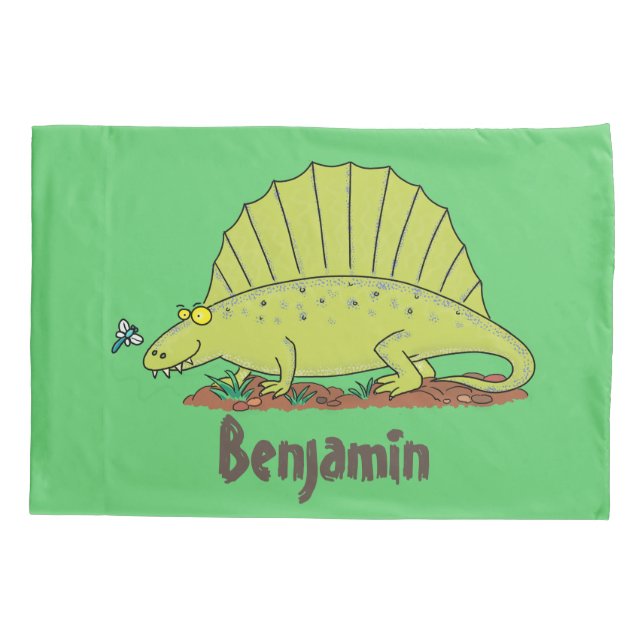 Cute green dimetrodon cartoon illustration pillowcase (Back)