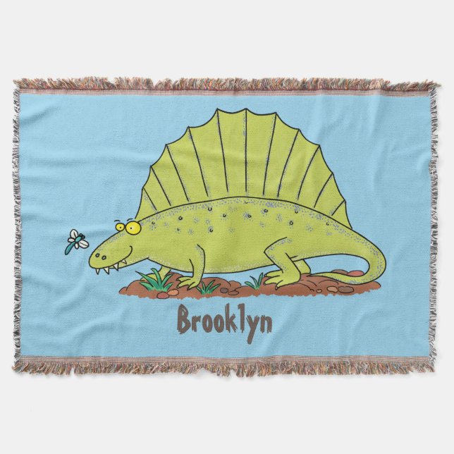 Cute green dimetrodon cartoon illustration throw blanket (Front)