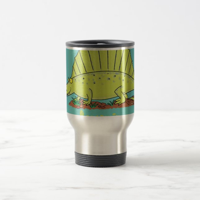 Cute green dimetrodon cartoon illustration travel mug (Center)