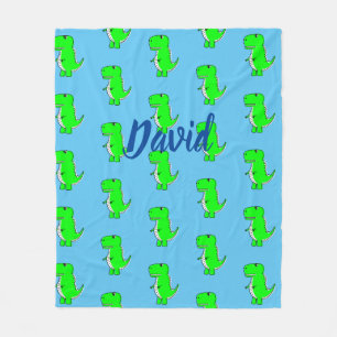 Cute Green Dino T-Rex On Blue Fleece Blanket