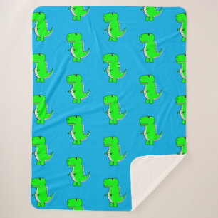Cute Green Dino T-Rex On Blue Sherpa Blanket