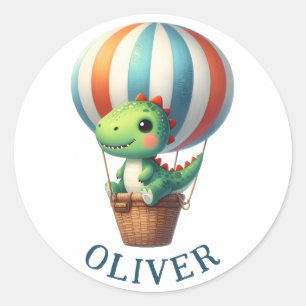 Cute Green Dino Takes Flight in a Hot Air Balloon Classic Round Sticker