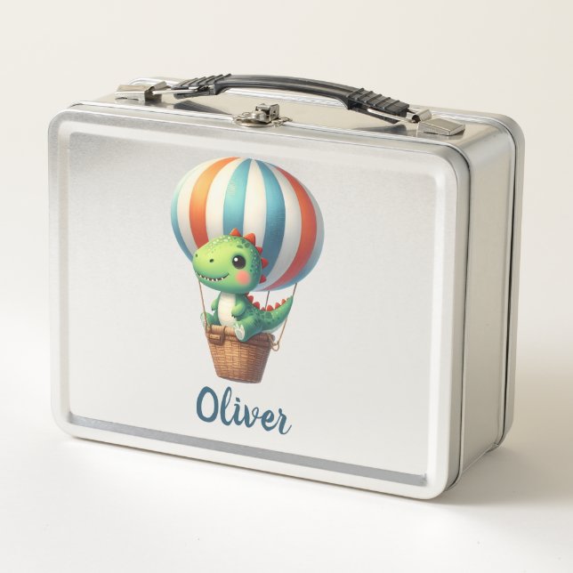 Cute Green Dino Takes Flight in a Hot Air Balloon Metal Lunch Box (Front)