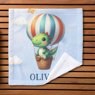 Cute Green Dino Takes Flight in a Hot Air Balloon Wash Cloth