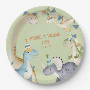 Cute green Dinomite Birthday party Paper Plate