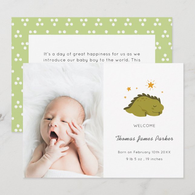 Cute Green Dinosaur Baby Photo Birth Announcement (Front/Back)
