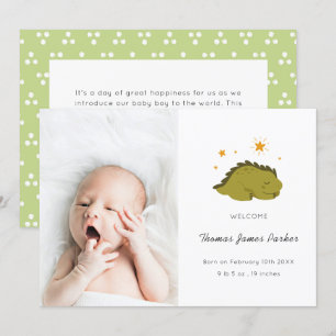 Cute Green Dinosaur Baby Photo Birth Announcement