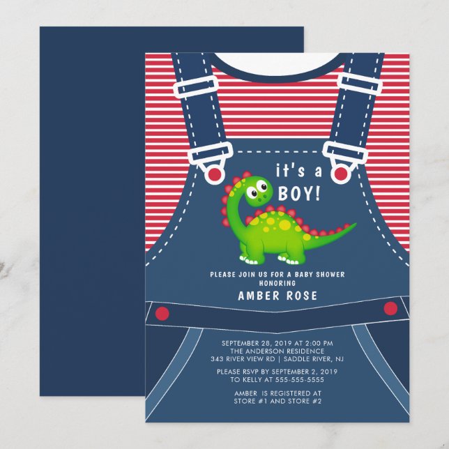 Cute Green Dinosaur Baby Shower Invitation (Front/Back)
