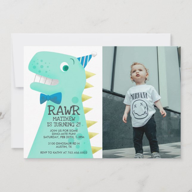 Cute Green Dinosaur Birthday Party Custom Photo Invitation (Front)