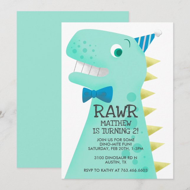 Cute Green Dinosaur Birthday Party Invitation (Front/Back)