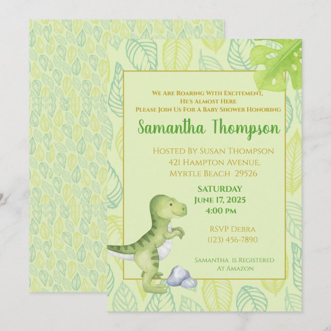 Cute Green Dinosaur Boy Baby Shower Invitation (Front/Back)