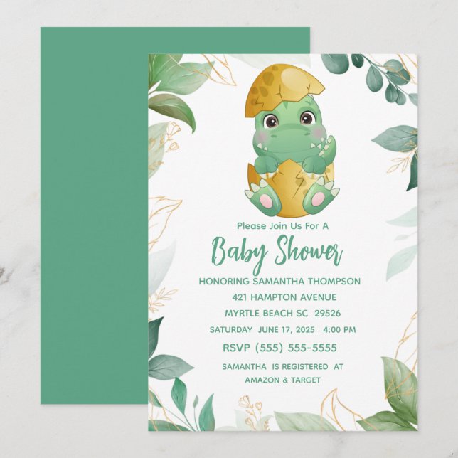 Cute Green Dinosaur Boys Baby Shower Invitation (Front/Back)