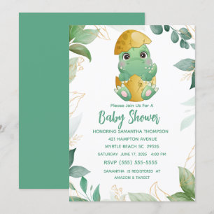 Cute Green Dinosaur Boys Baby Shower Invitation