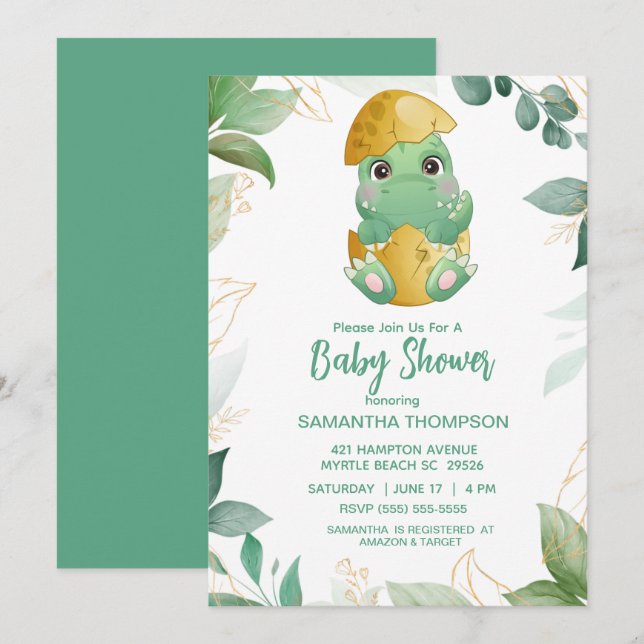 Cute Green Dinosaur Boys Baby Shower Invitation (Front/Back)