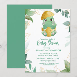 Cute Green Dinosaur Boys Baby Shower Invitation