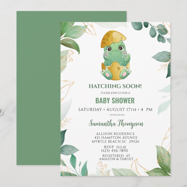 Cute Green Dinosaur Boys Baby Shower Invitation (Front/Back)