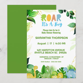 Cute Green Dinosaur Boys Baby Shower Invitation