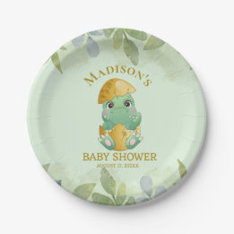 Cute Green Dinosaur Boys Baby Shower Paper Plate