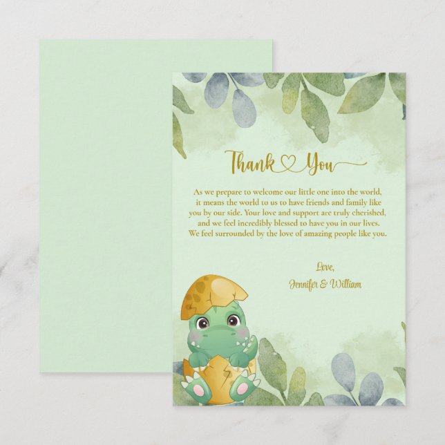 Cute Green Dinosaur Boys Baby Shower  Thank You Card (Front/Back)