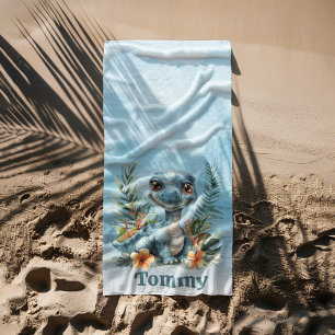 Cute Green Dinosaur Cloud Sky Boy Beach Towel