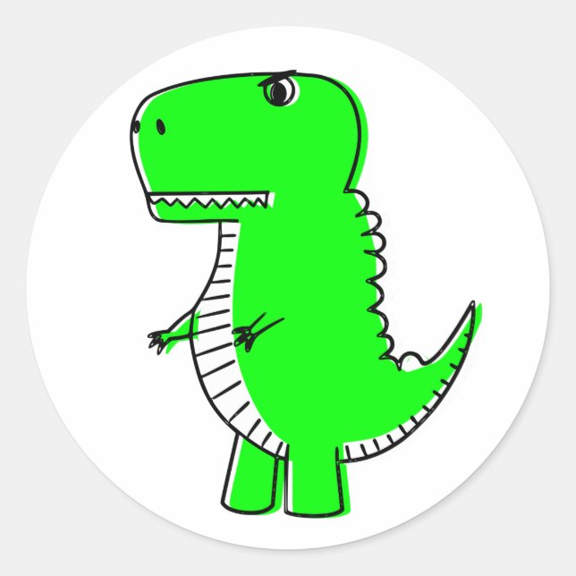 Cute Green Dinosaur Drawing Classic Round Sticker (Front)
