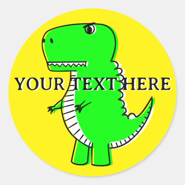 Cute Green Dinosaur Drawing Custom Text Classic Round Sticker (Front)