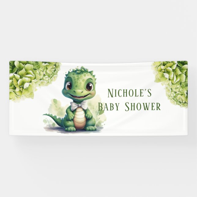 Cute Green Dinosaur Floral Baby Shower Banner (Horizontal)