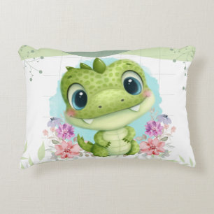 Cute Green Dinosaur Floral Themed Personalised Decorative Cushion