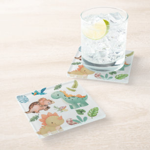 Cute green dinosaur glass coaster