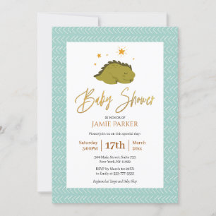Cute Green Dinosaur Gold Script Baby Shower Invitation