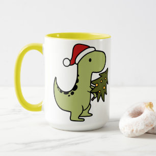 Cute green Dinosaur holding Christmas tree Mug
