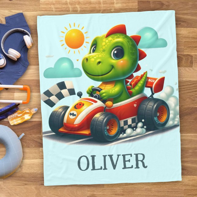Cute Green Dinosaur in a Race Car Fleece Blanket (Creator Uploaded)