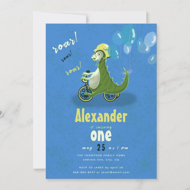 Cute Green Dinosaur on Trike Boy Birthday Party Invitation (Front)