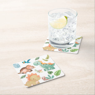 Cute green dinosaur square paper coaster