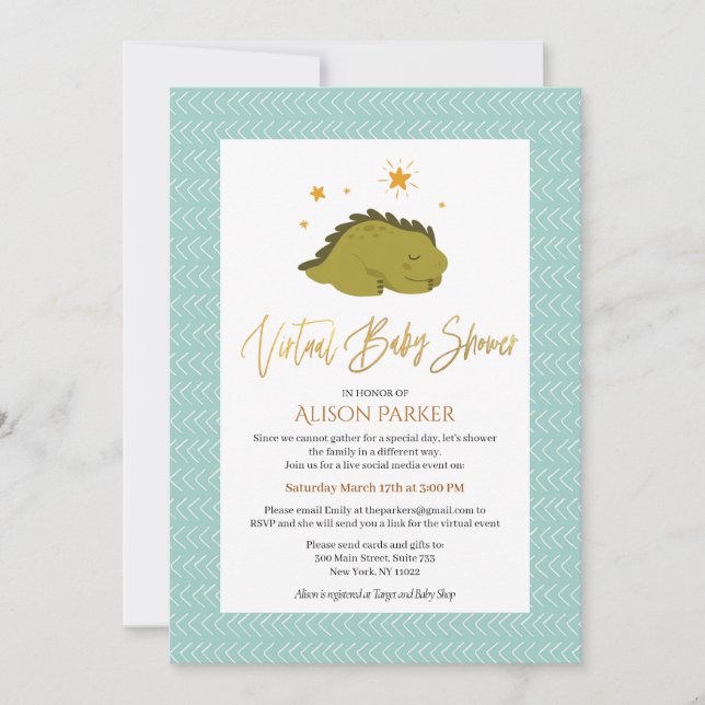 Cute Green Dinosaur Virtual Baby Shower Invitation (Front)