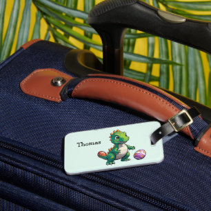 Cute green dinosaur with Easter eggs Luggage Tag