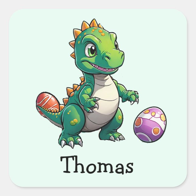 Cute green dinosaur with Easter eggs Square Sticker (Front)