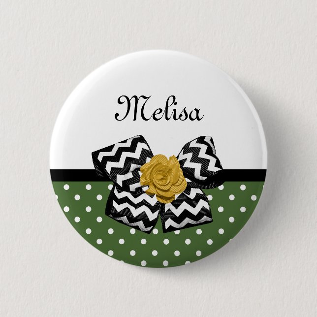 Cute Green Dots Yellow Rose Chevron Bow and Name 6 Cm Round Badge (Front)