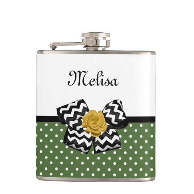 Cute Green Dots Yellow Rose Chevron Bow and Name Hip Flask (Front)