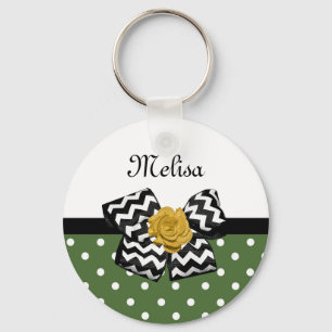 Cute Green Dots Yellow Rose Chevron Bow and Name Key Ring