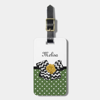 Cute Green Dots Yellow Rose Chevron Bow and Name Luggage Tag