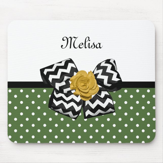 Cute Green Dots Yellow Rose Chevron Bow and Name Mouse Mat (Front)
